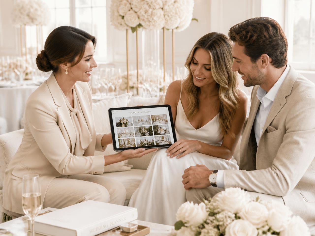 Wedding planner mostrando la galería digital LoveTap a una pareja