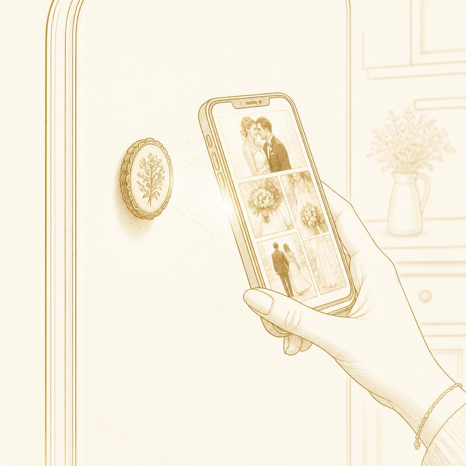 Ilustración de un teléfono acercándose al imán con fotos de boda en pantalla